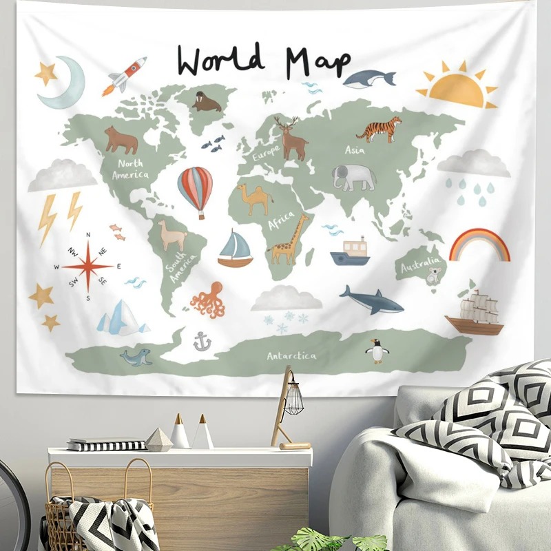 Background For Kids Education - Cartoon World Map Animal Tapestry Polyester